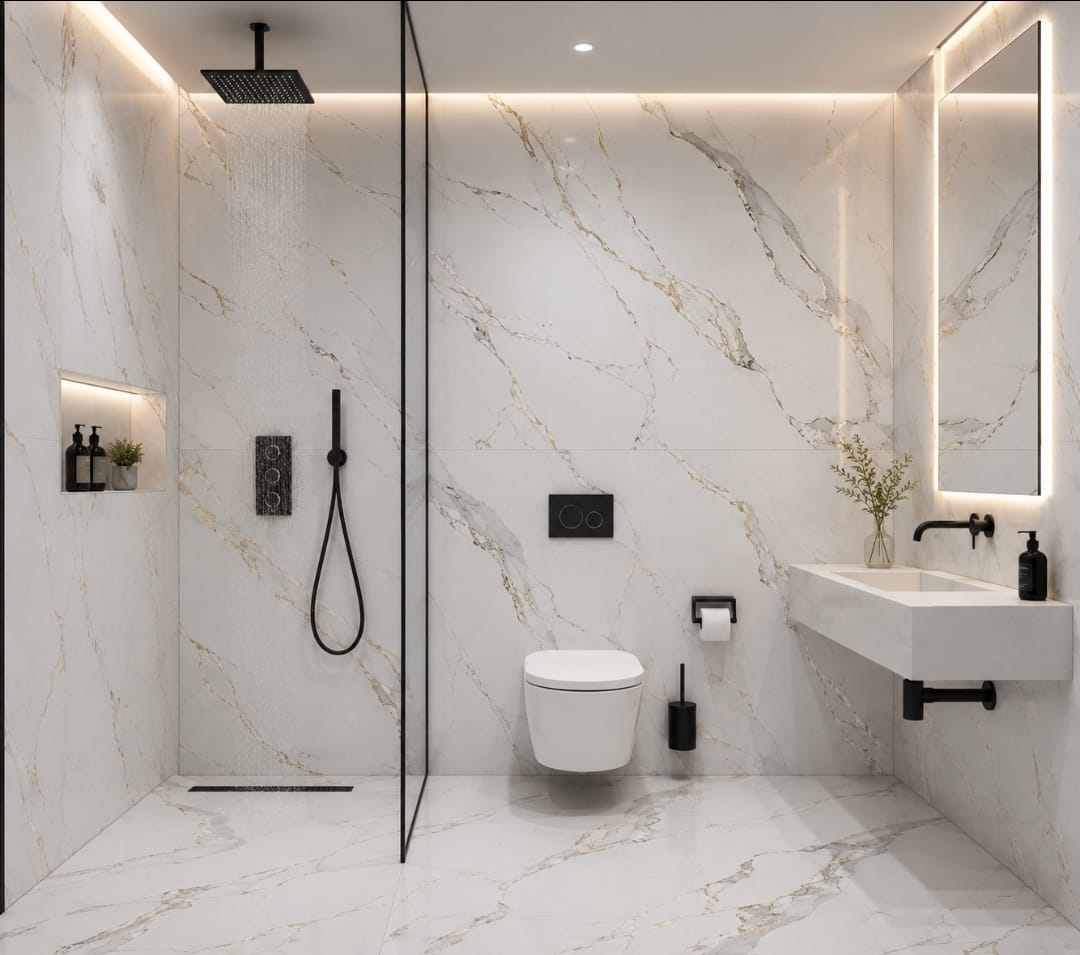 Marble-effect large format tiles in a bathroom shower enclosure